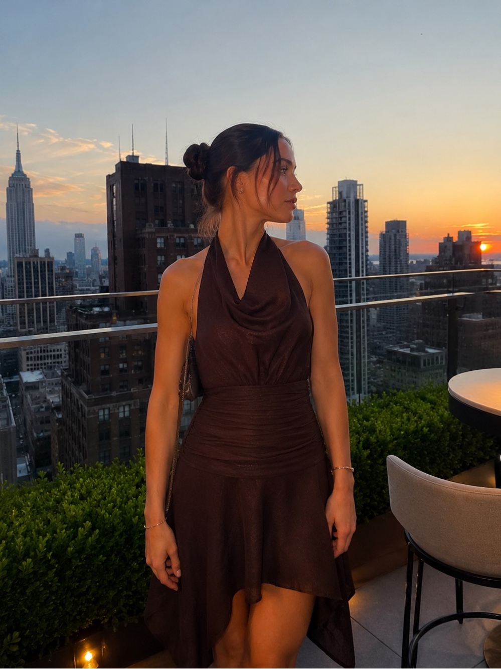 Asymmetric Hem Halter Mini Dress in Dark Brown